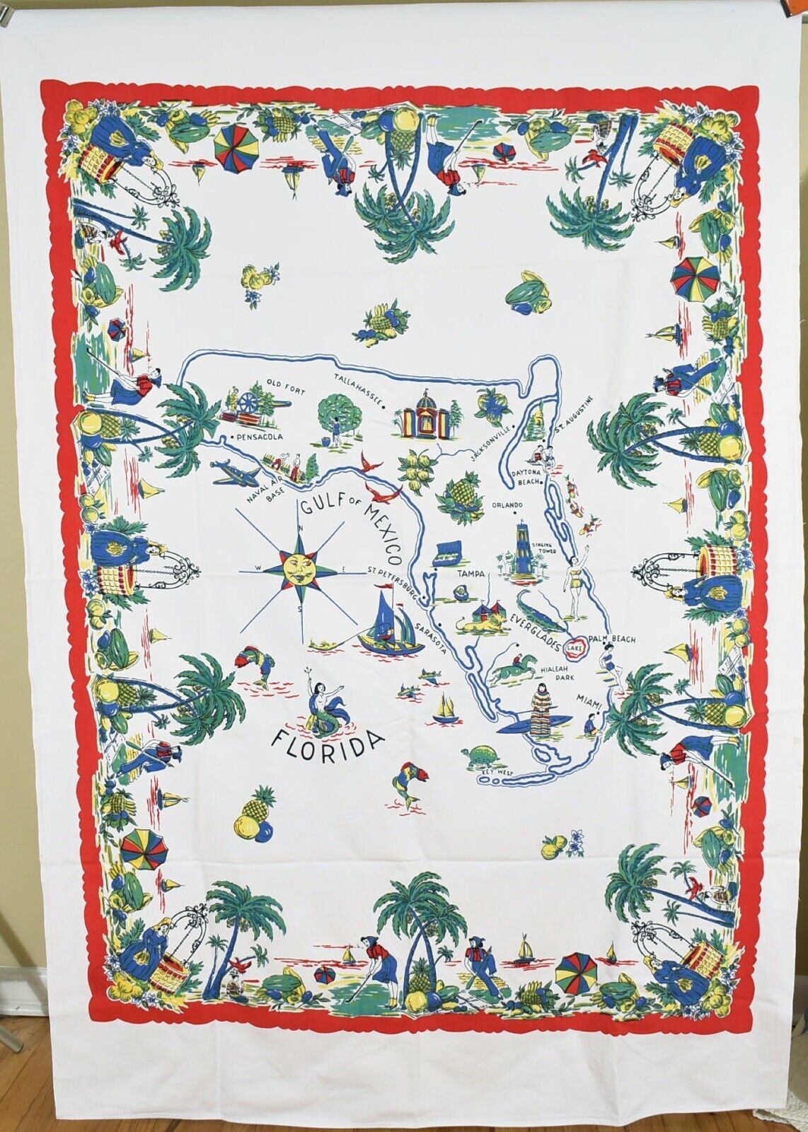 Large Vintage FLORIDA State Tablecloth Souvenir Tablecloth ~Great Design