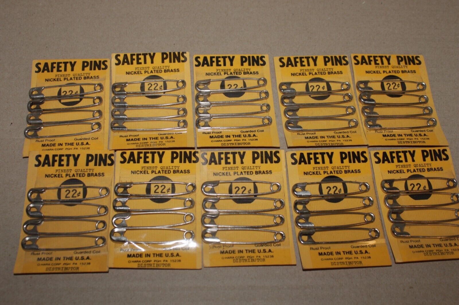 LOT OF 10 PACKS Safety Pins Sewing Crafts vintage nickel plated brass O HARA USA