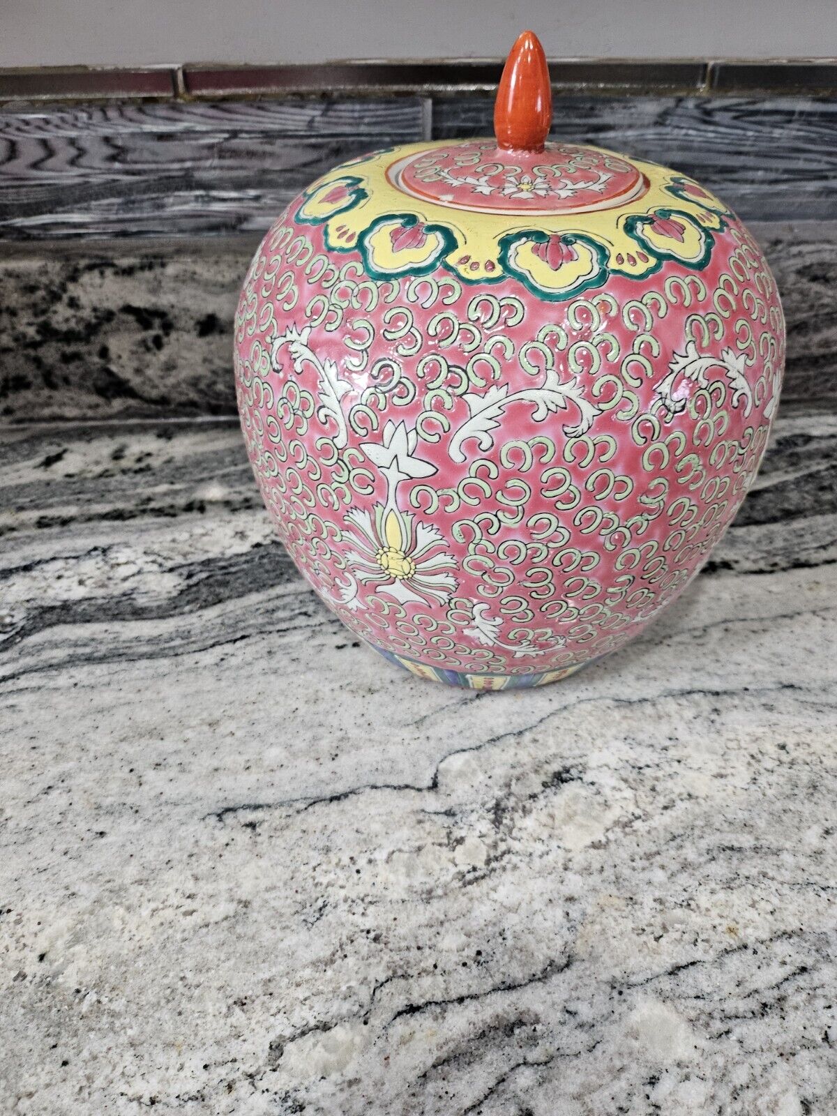 Asian Antique Chinese Ginger Jar  Pink And Yellow 11