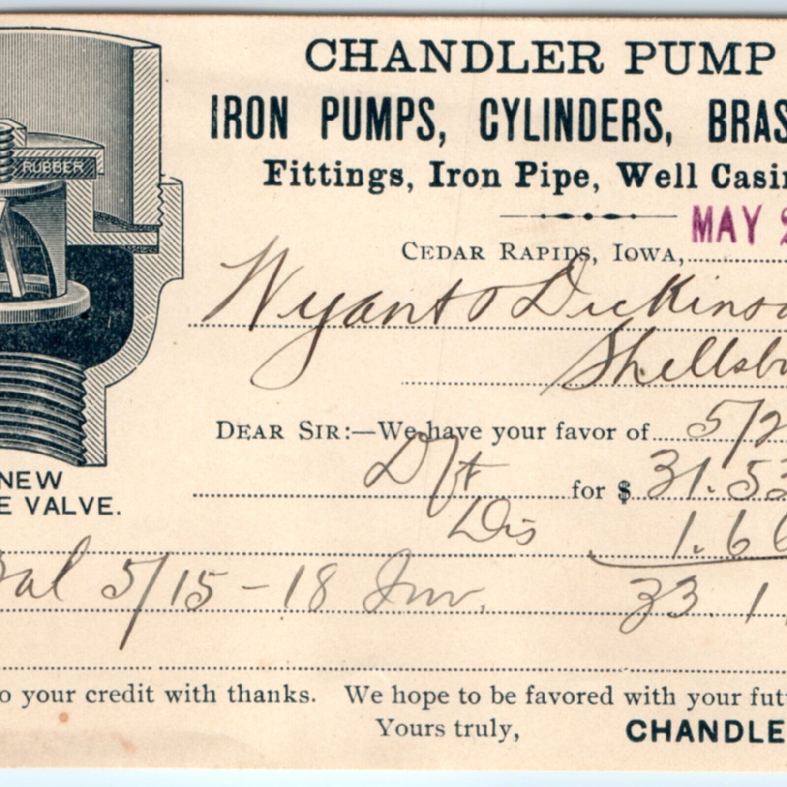 1906 Cedar Rapids Iowa Chandler Pump Receipt Paper Hawkeye Valve Hardware IA C43