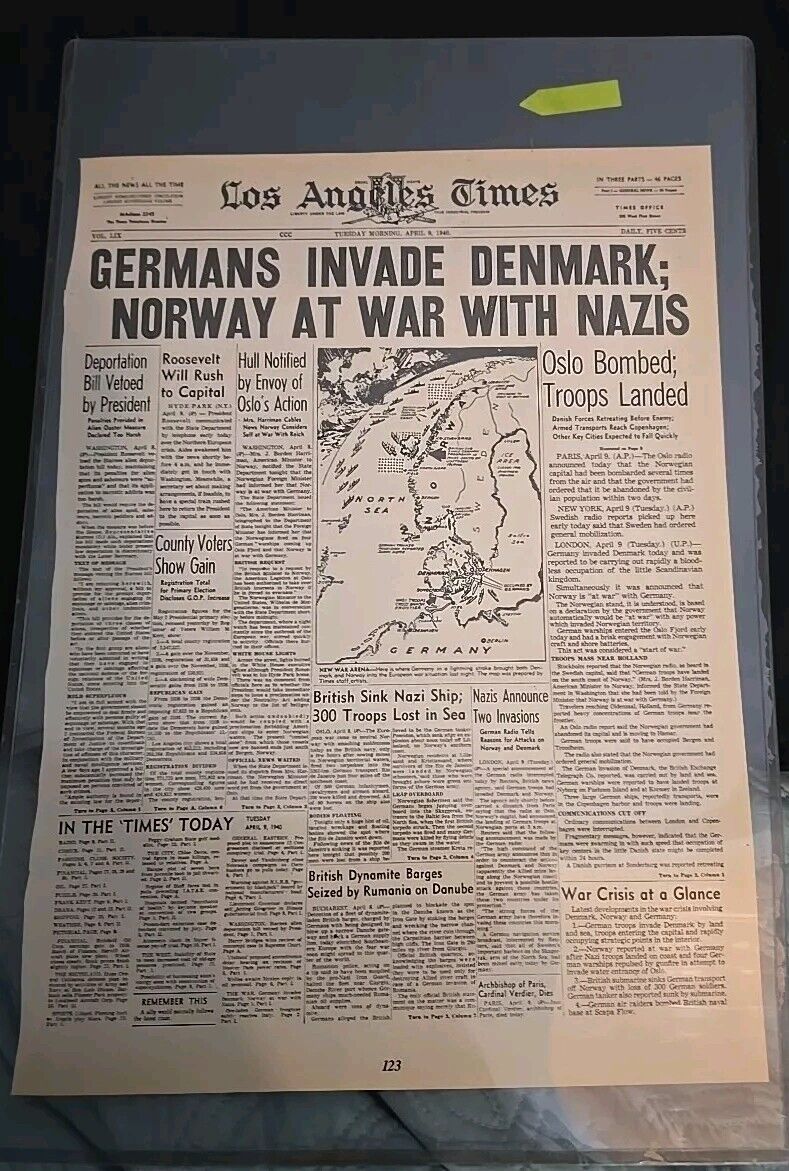 VINTAGE NEWSPAPER HEADLINE ~WORLD WAR 2 GERMANY INVASION DENMARK START WWII 1940