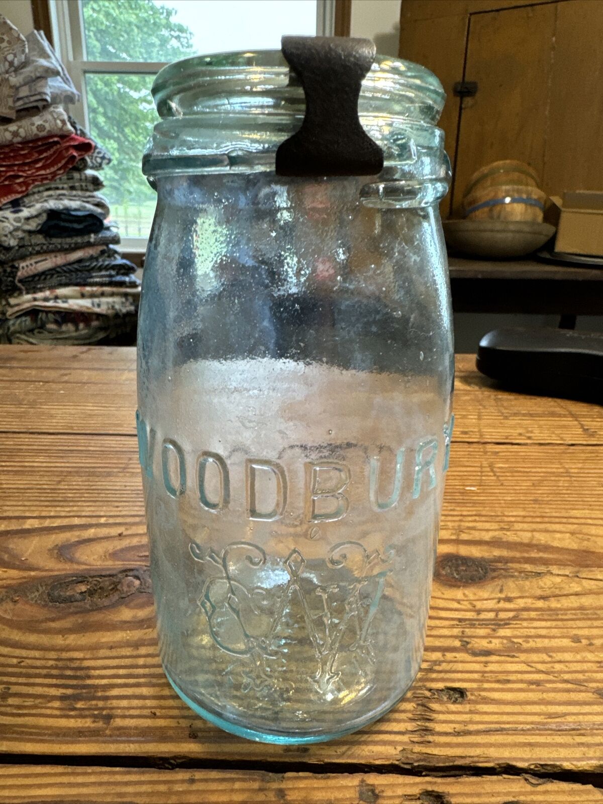 WOODBURY NEW JERSEY FRUIT JAR PATENT 1885 ORIGINAL MATCHING LID MARKED 12 AQUA
