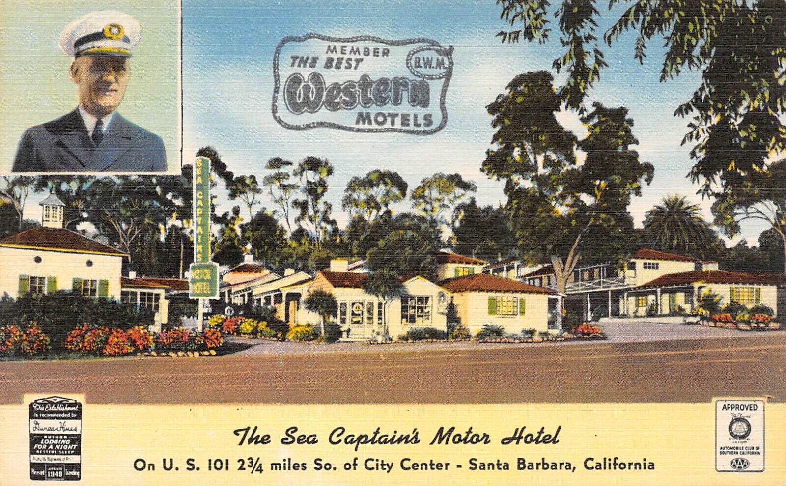 Sea Captain\'s Motor Hotel Santa Barbara CA Roadside 1940s Linen Vintage Postcard
