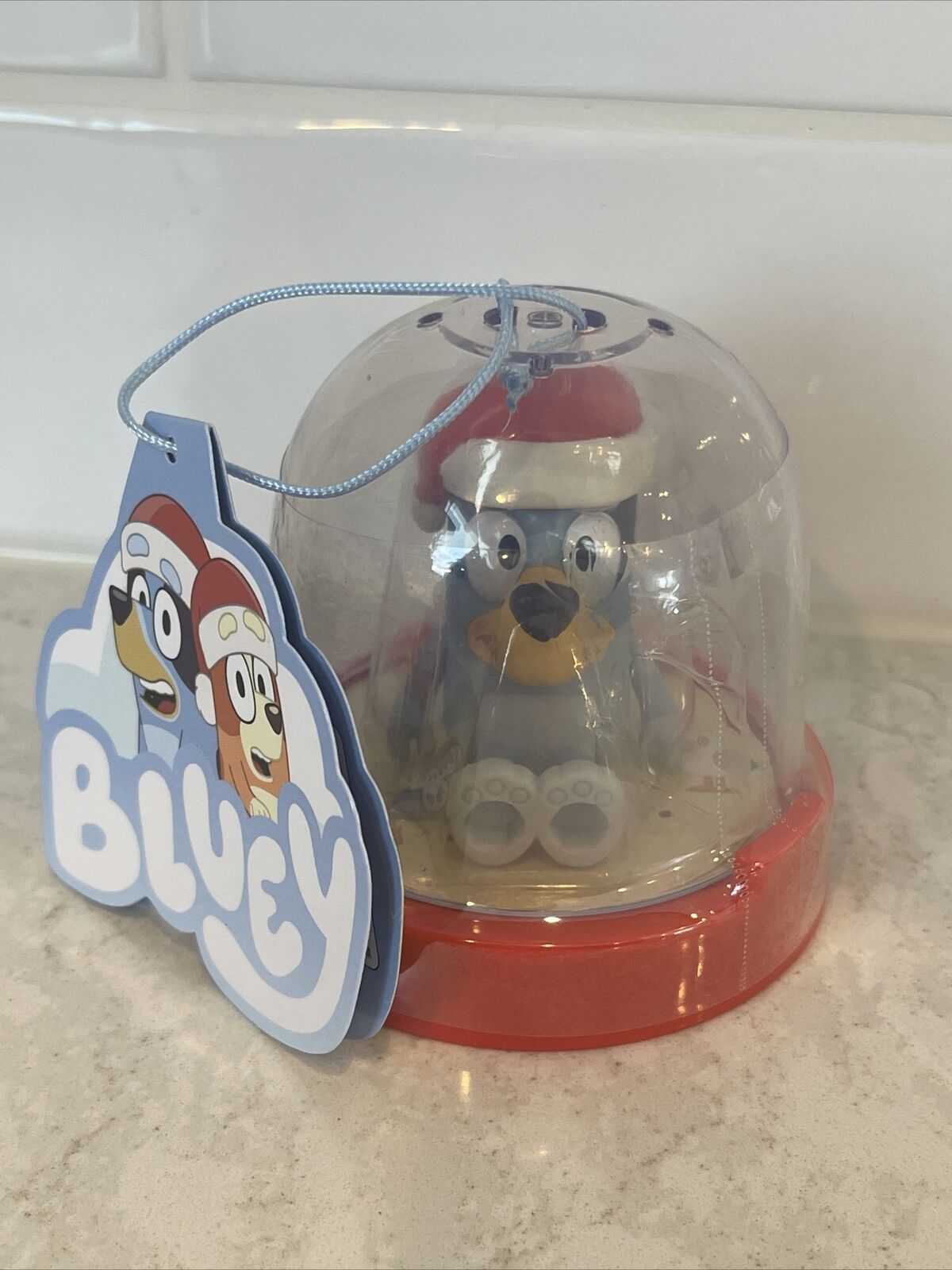 Bluey Toy Christmas Ornament 2.5” Figure - BLUEY IN SANTA HAT with Gift Tag, New