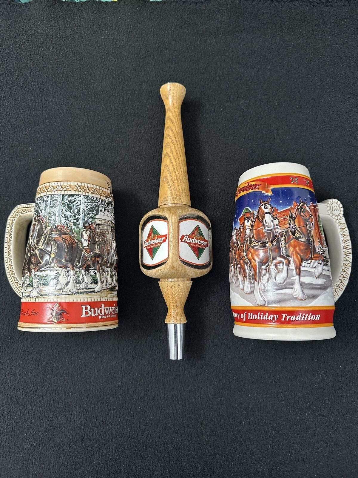 Vintage 1987/1999 Budweiser Holiday Beer Stein Mug Clydesdale Tap Handle