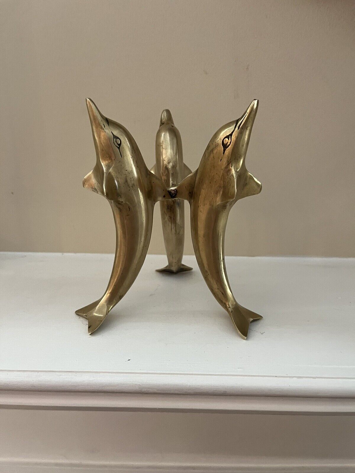 Brass Dolphin Figurine 3 Dolphins 6”