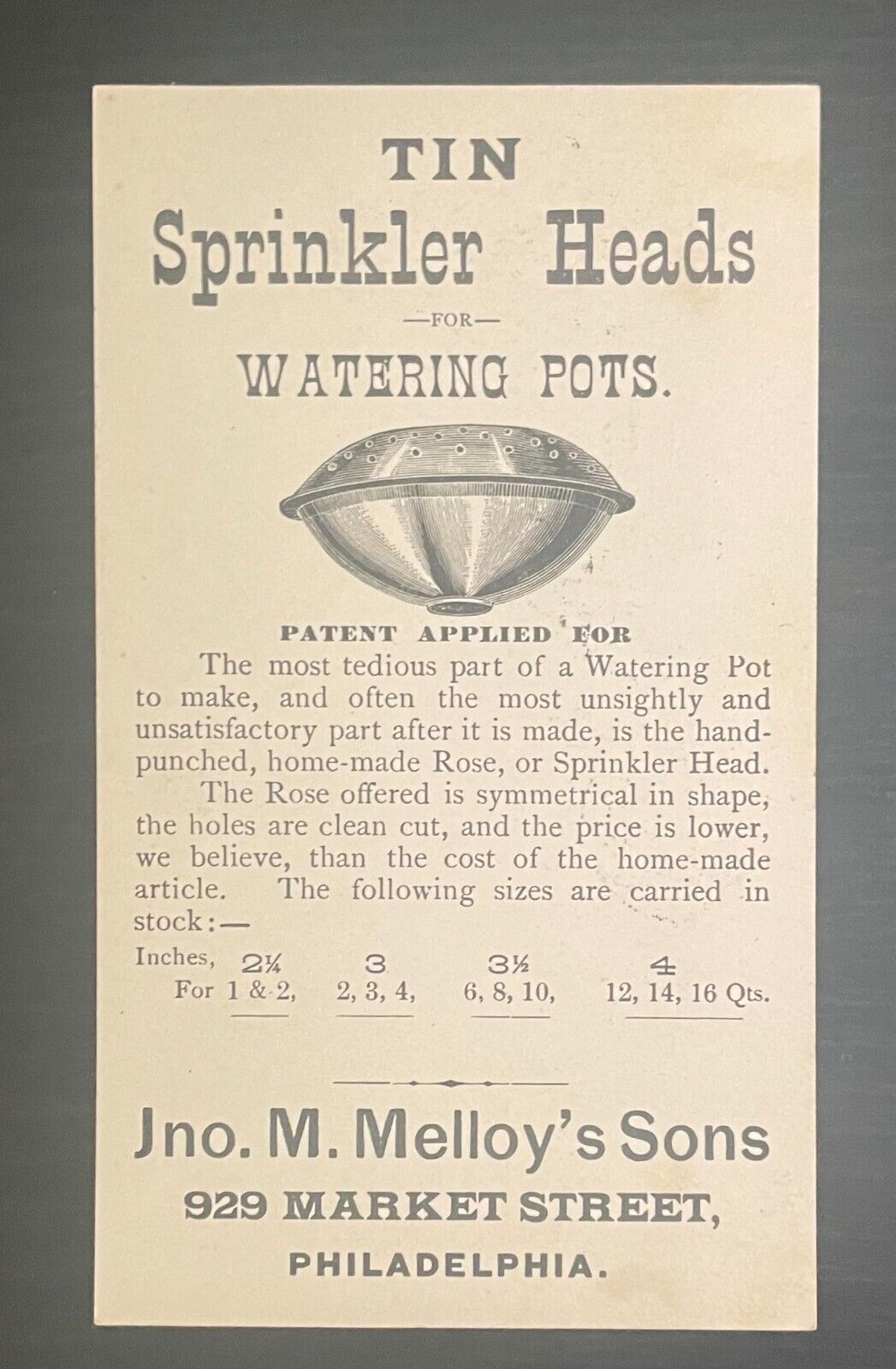 JNO. M. MELLLOY\'S SONS TIN SPRINKLER HEADS PHILADELPHIA PA. - 1898 POSTCARD
