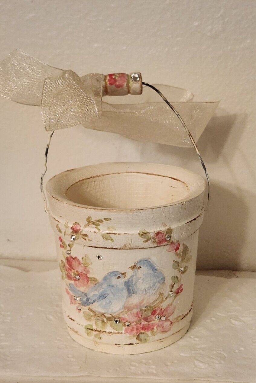 Debi Coules Cream Cottage Roses with Birds TRINKET BUCKET-Handpainted-BN & RARE