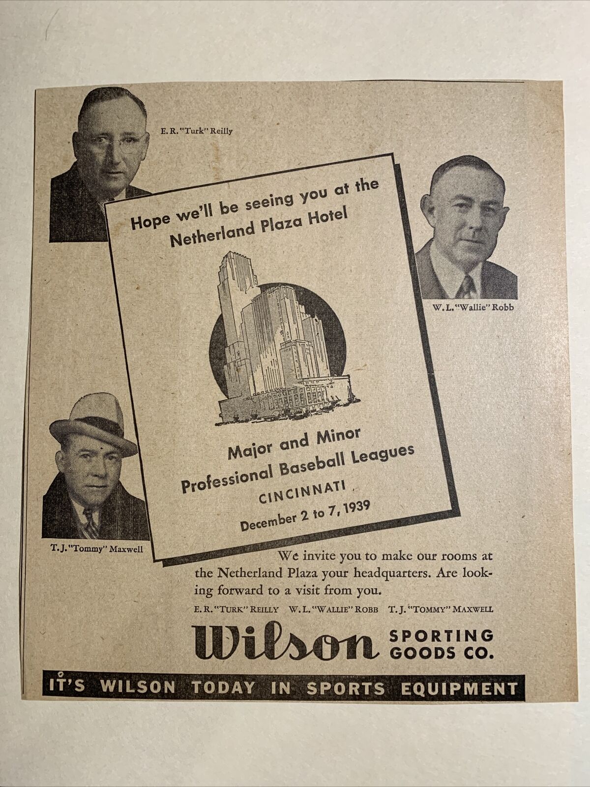 Wilson Sports & Netherland Plaza Hotel  1939 Sporting News Baseball 7X8 Ad