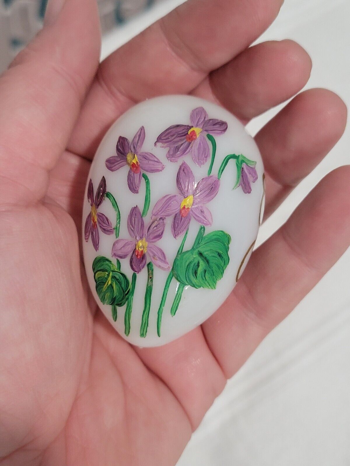 Vintage MILK GLASS Hand Blown Easter Egg Hand Painted Floral Lillies