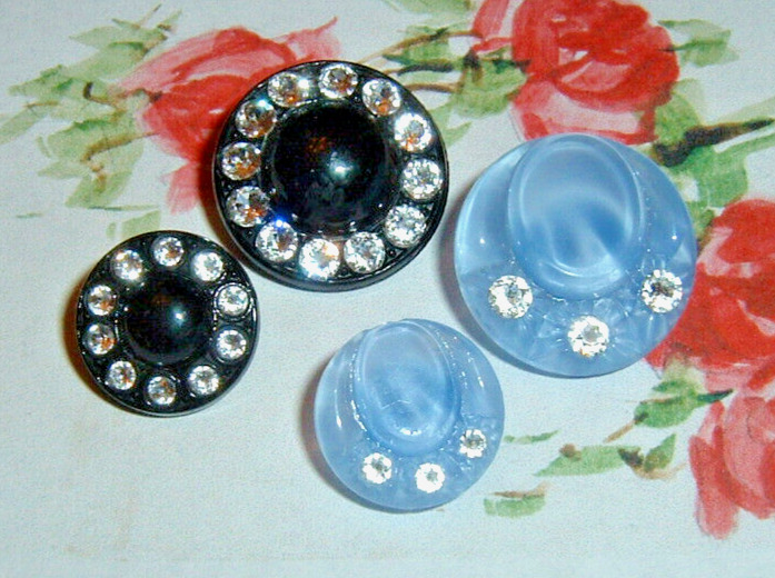 Beautiful Vintage Glass Button Sets w Rhinestones 2 Blue Moonglow Hats 2 Black