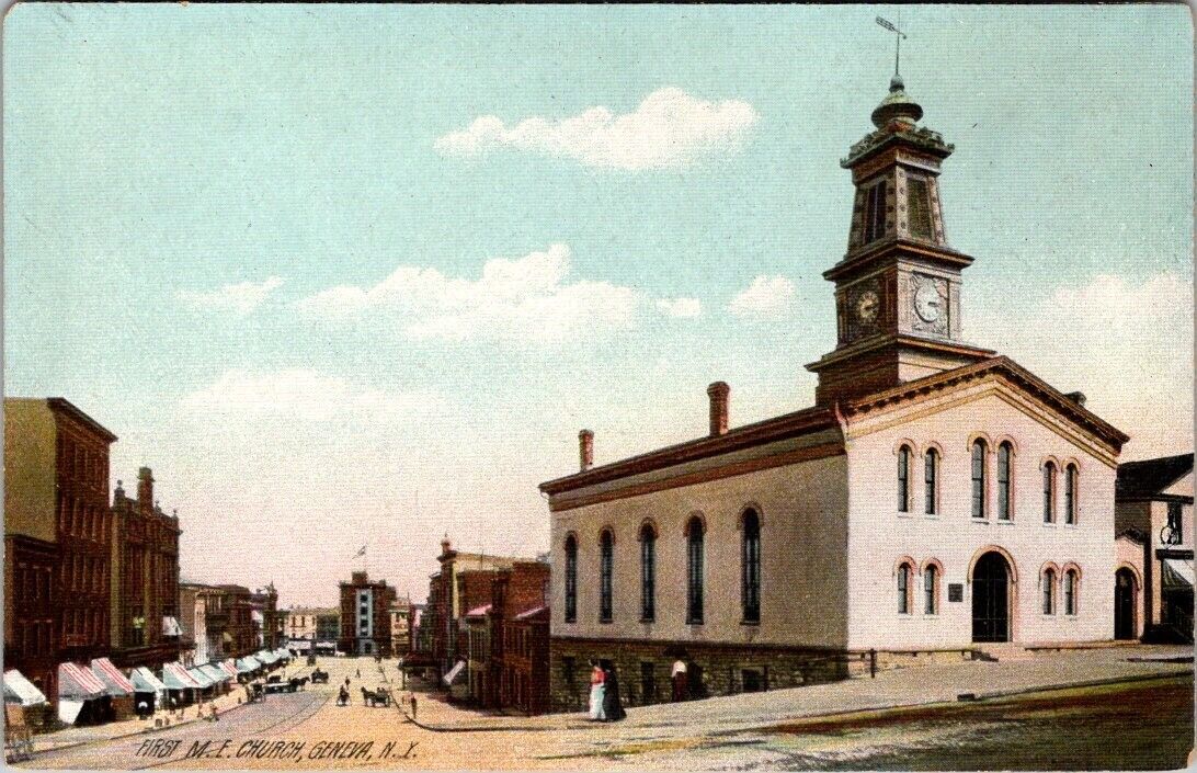 Geneva, NY, First M. E. Church, Busy Street, Postcard, c1908, #1738