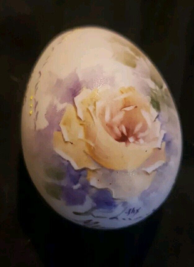 Vintage Hand Painted Porcelain Bisque Pale Lavender Egg Floral Signed 2” long 