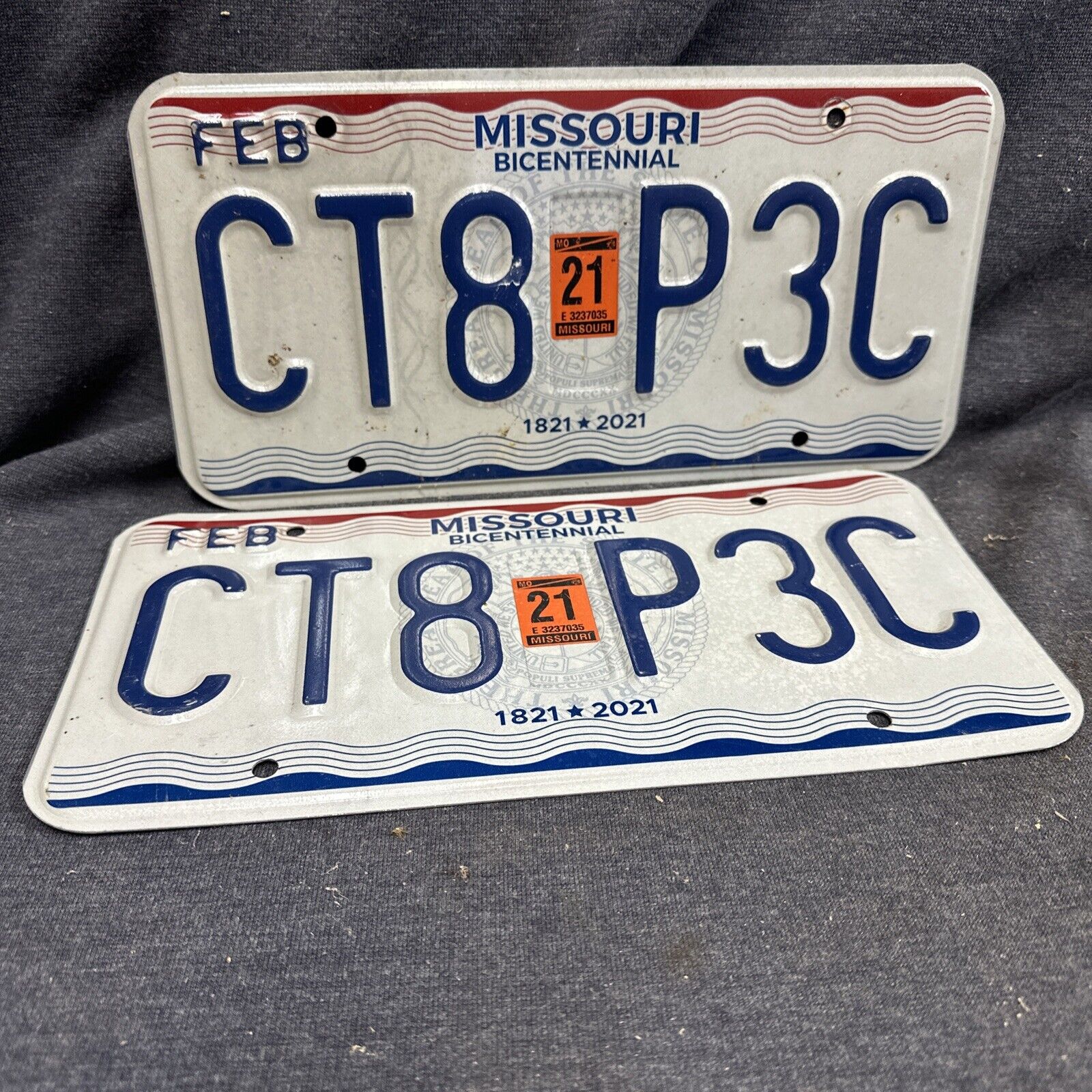 Missouri Bicentennial 1821-2021 Automobile License Plate Set Of 2 - CT8 P3C Feb