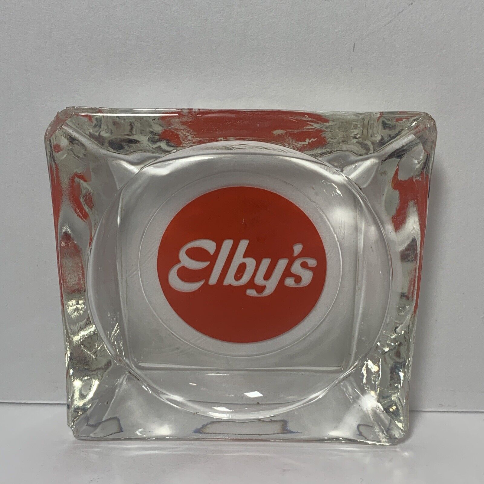 Vintage Glass Ashtray Elby's Restaurant Clear with Orange