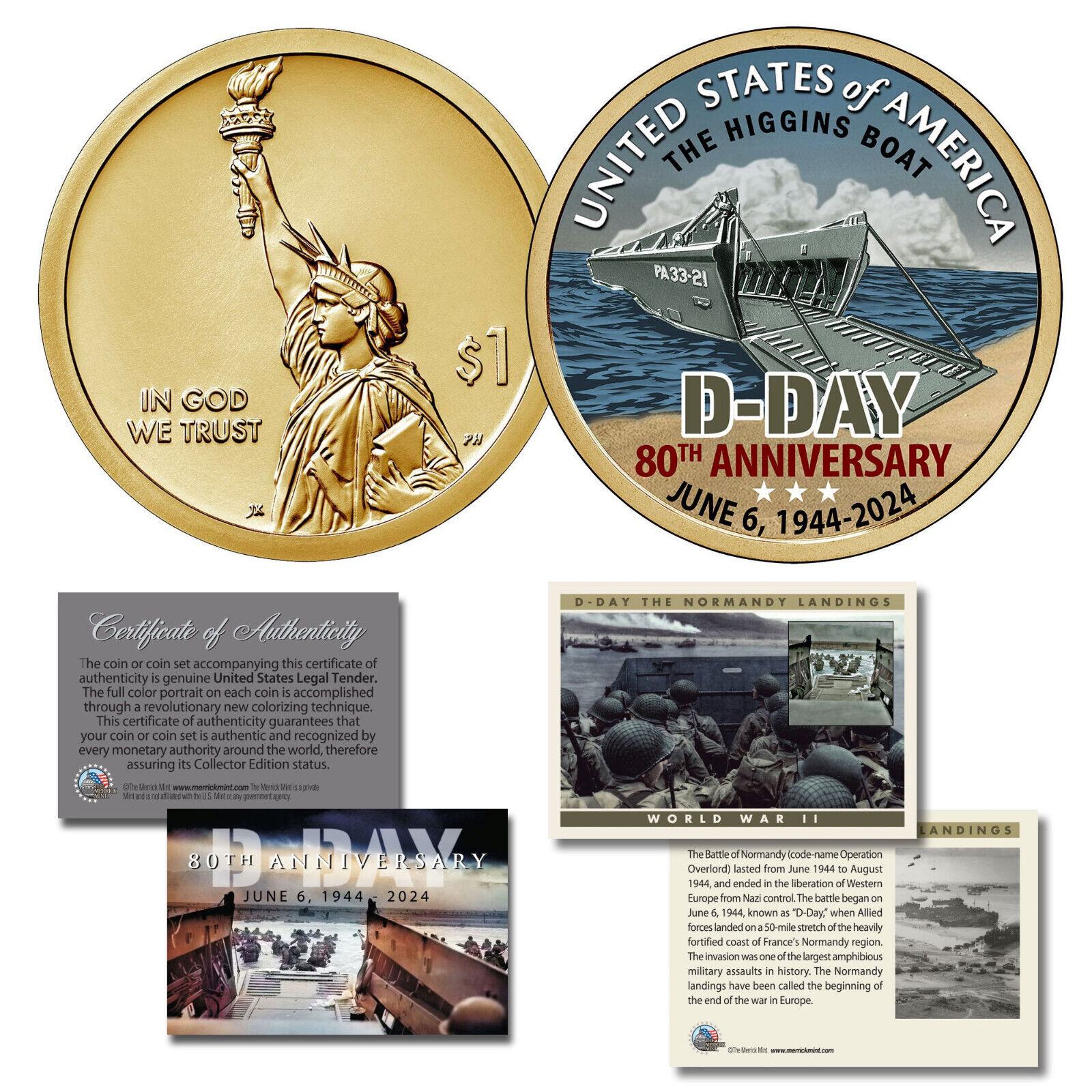 WWII D-DAY 80th Anniversary 2024 HIGGINS BOAT $1 Dollar Coin with Card *MUST SEE