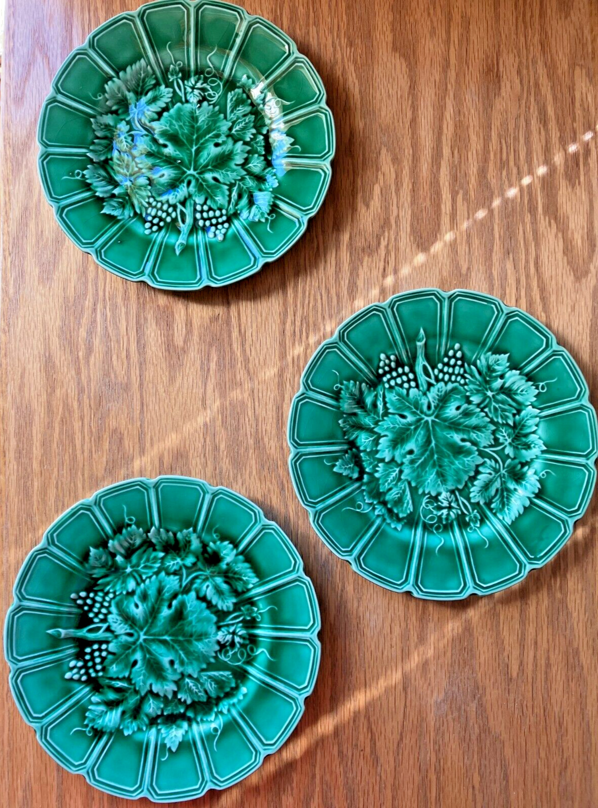 Green French Majolica by Sarreguemines Grapes/Leaves Salad Plates C. 1840