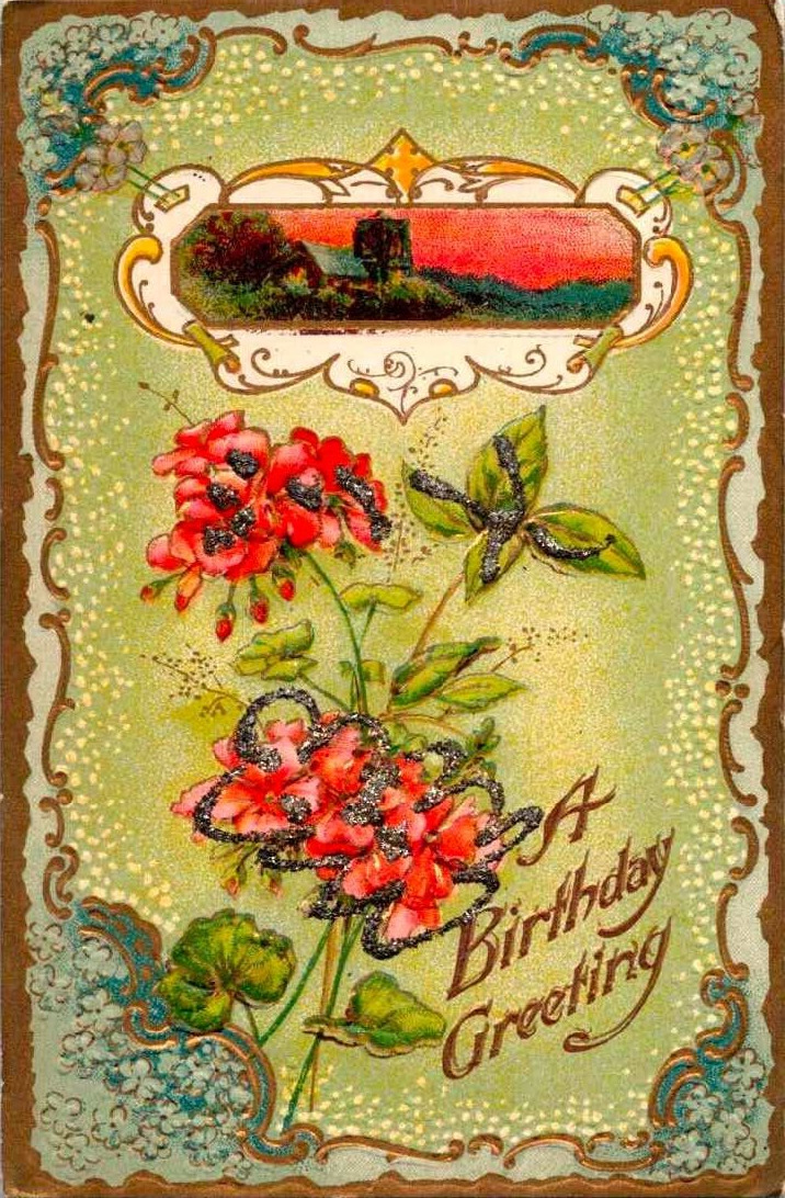 Vintage Postcard Birthday Red Flowers Greenery Home in Background S02