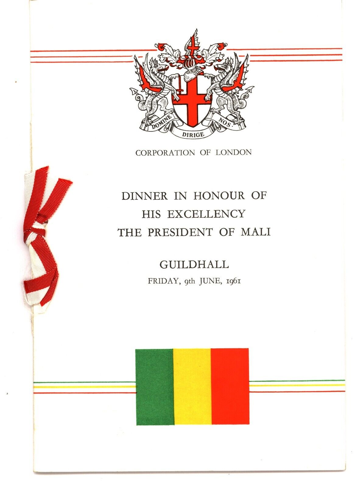 1961, PRESIDENT OF MALI VISIT TO THE UK, souvenir menu program Tuck pub
