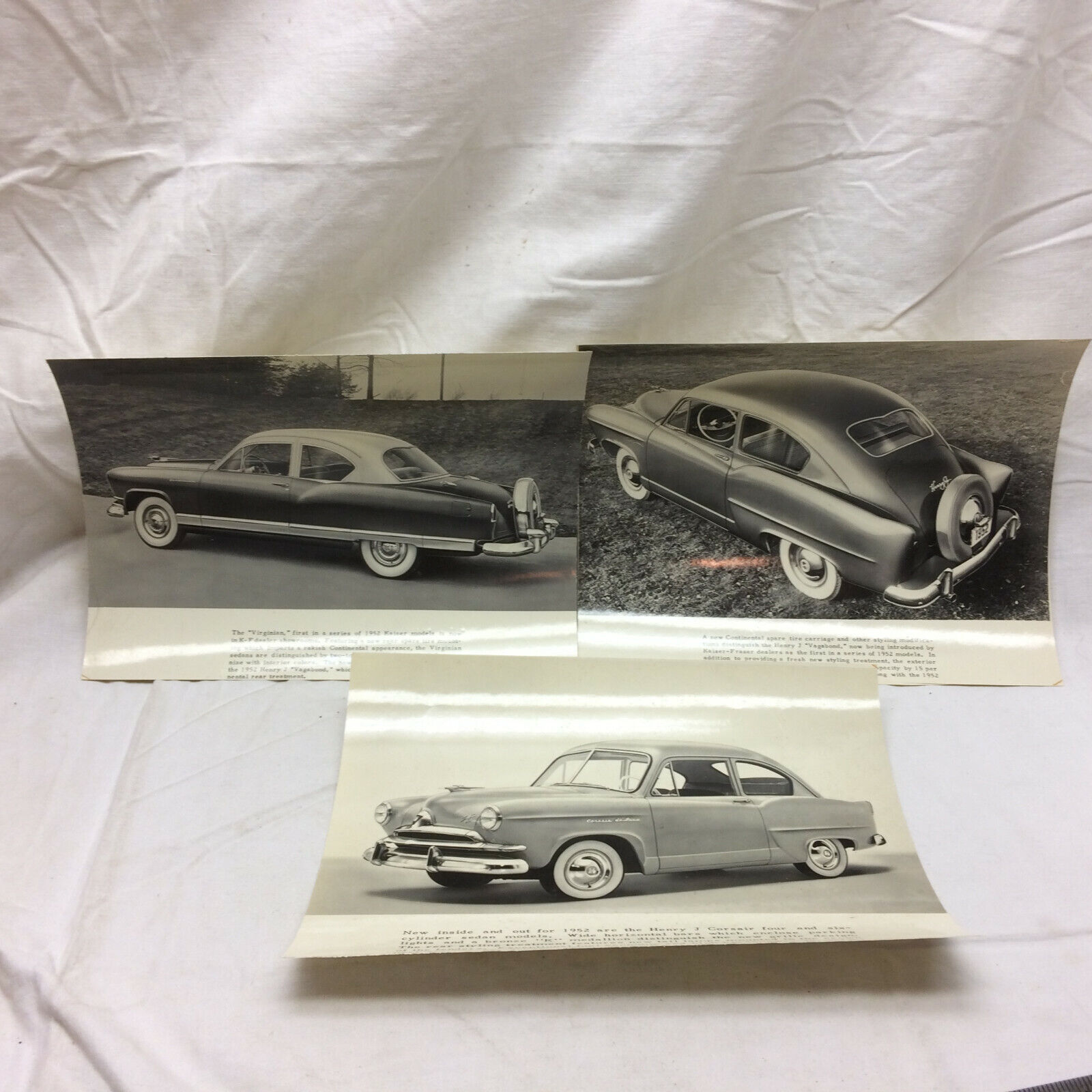 3 Vintage Advertising Photographs Cars 1952 Kaiser Model Henry J Corsair
