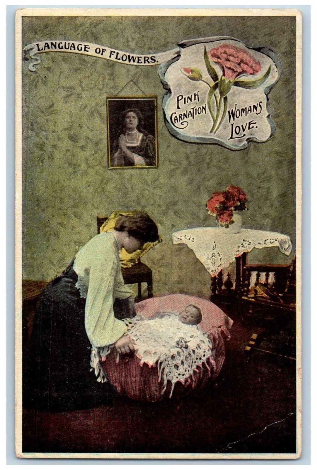 Language Of Flowers Romance Postcard Pink Carnation Womans Love c1910\'s Antique