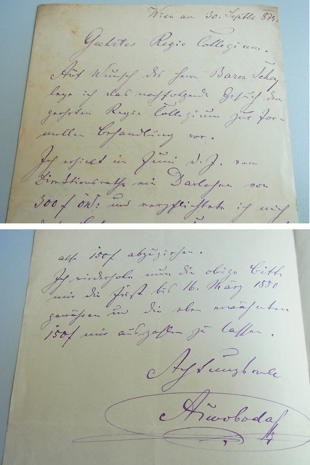 Albin Swoboda (1836-1901): Eigenhändiger Letter Vienna 1879 / Loan Stadttheater