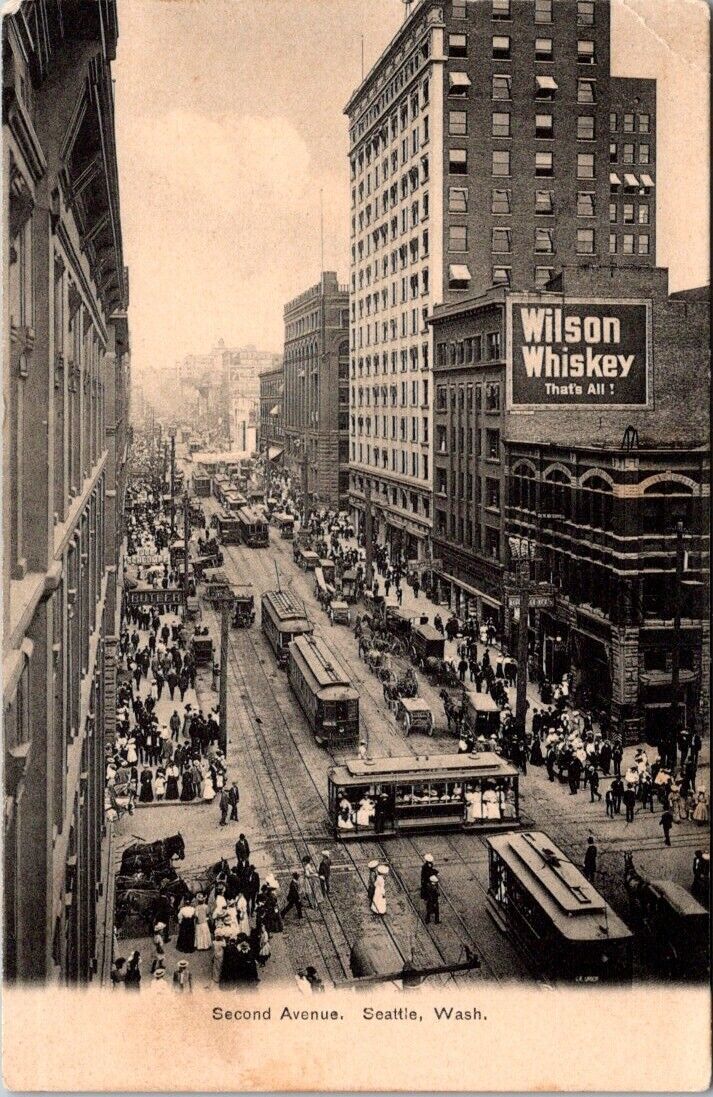 Seattle WA Second Ave Trolley Wilson Whiskey Street Action c1905 postcard JP4