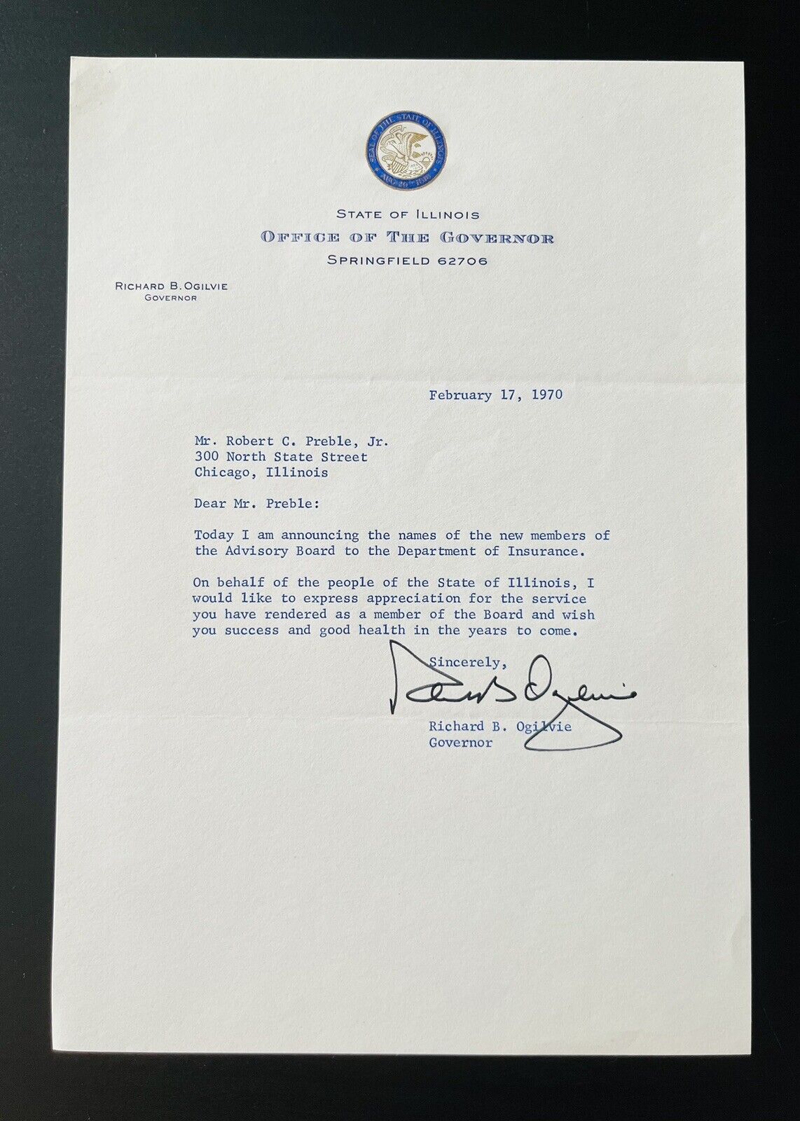 Governor Richard B. Ogilvie 1970 Signed Personal Letter - 35th Gov. of Illinois