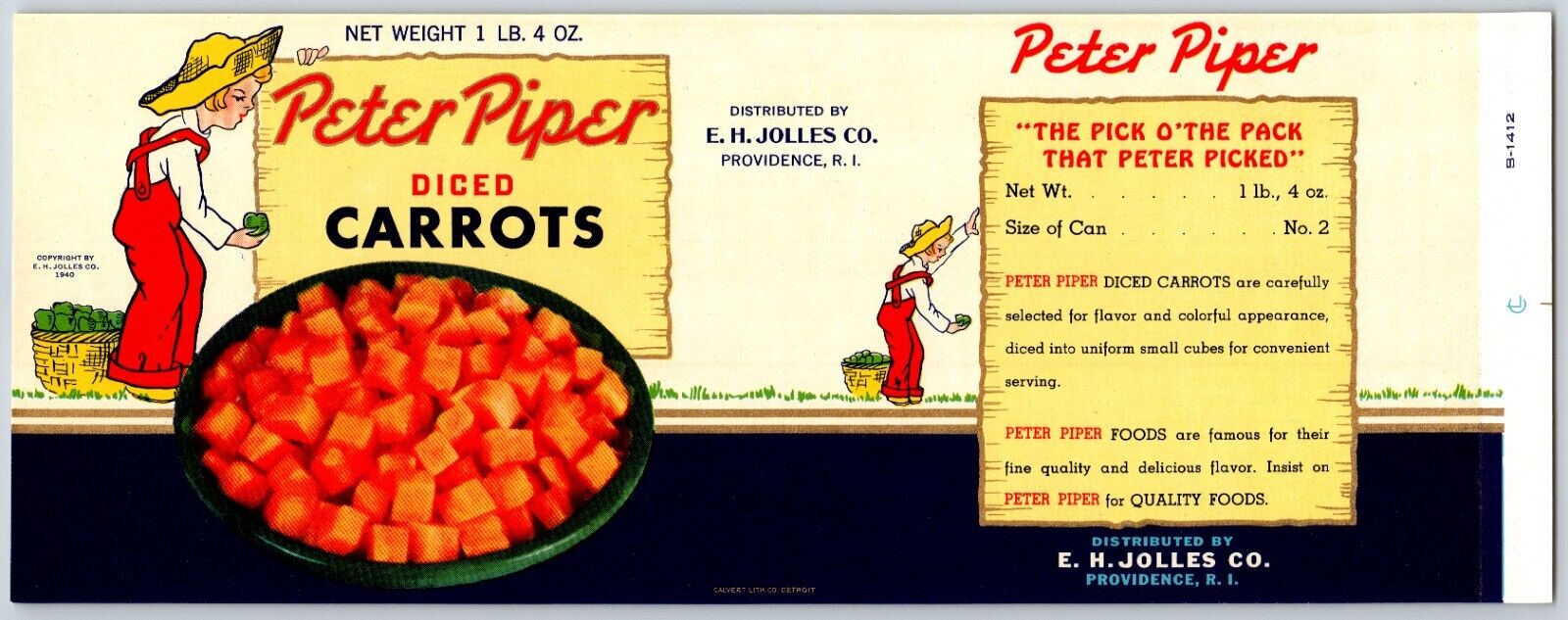 Peter Piper Diced Carrots Paper Can Label E.H. Jolles Providence, RI 1940 Scarce