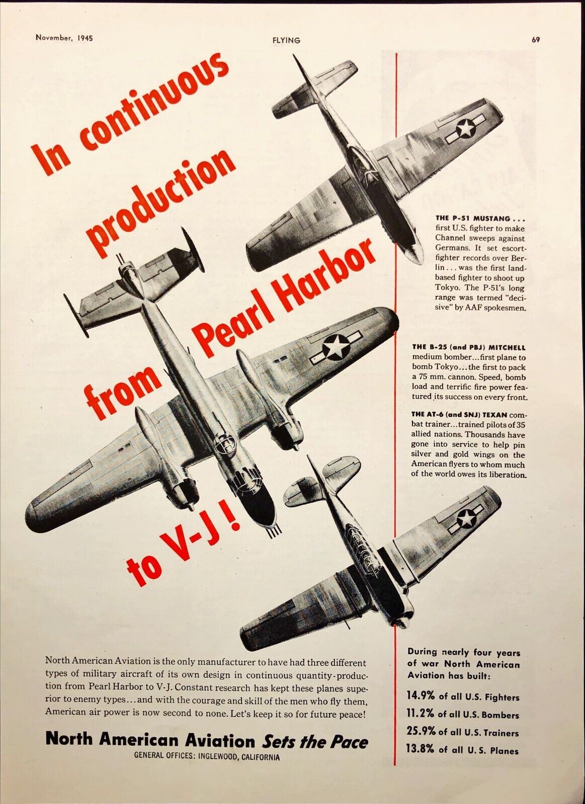 1945 North America Aviation From Pearl Harbor to VJ Inglewood Vintage Print Ad