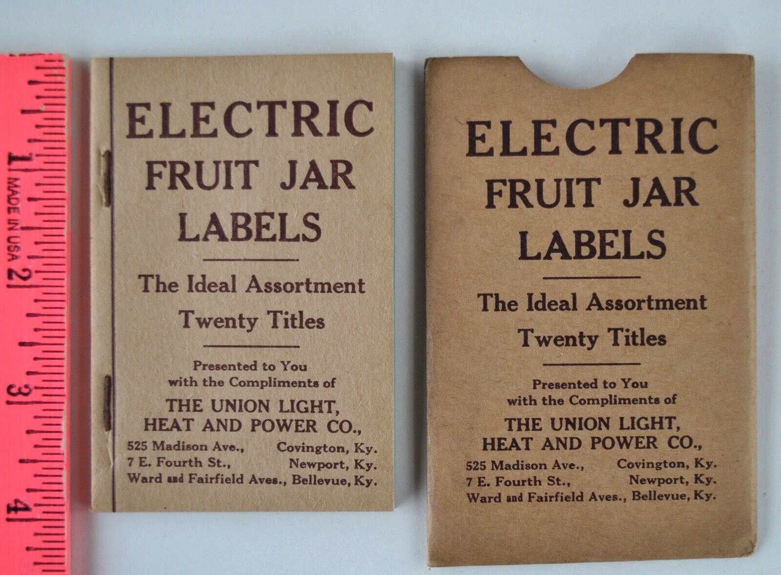Vtg COPYRIGHT 1913 ELECTRIC FRUIT JAR LABELS w/ ENVELOPE ~ UNION LIGHT CO. KY AD