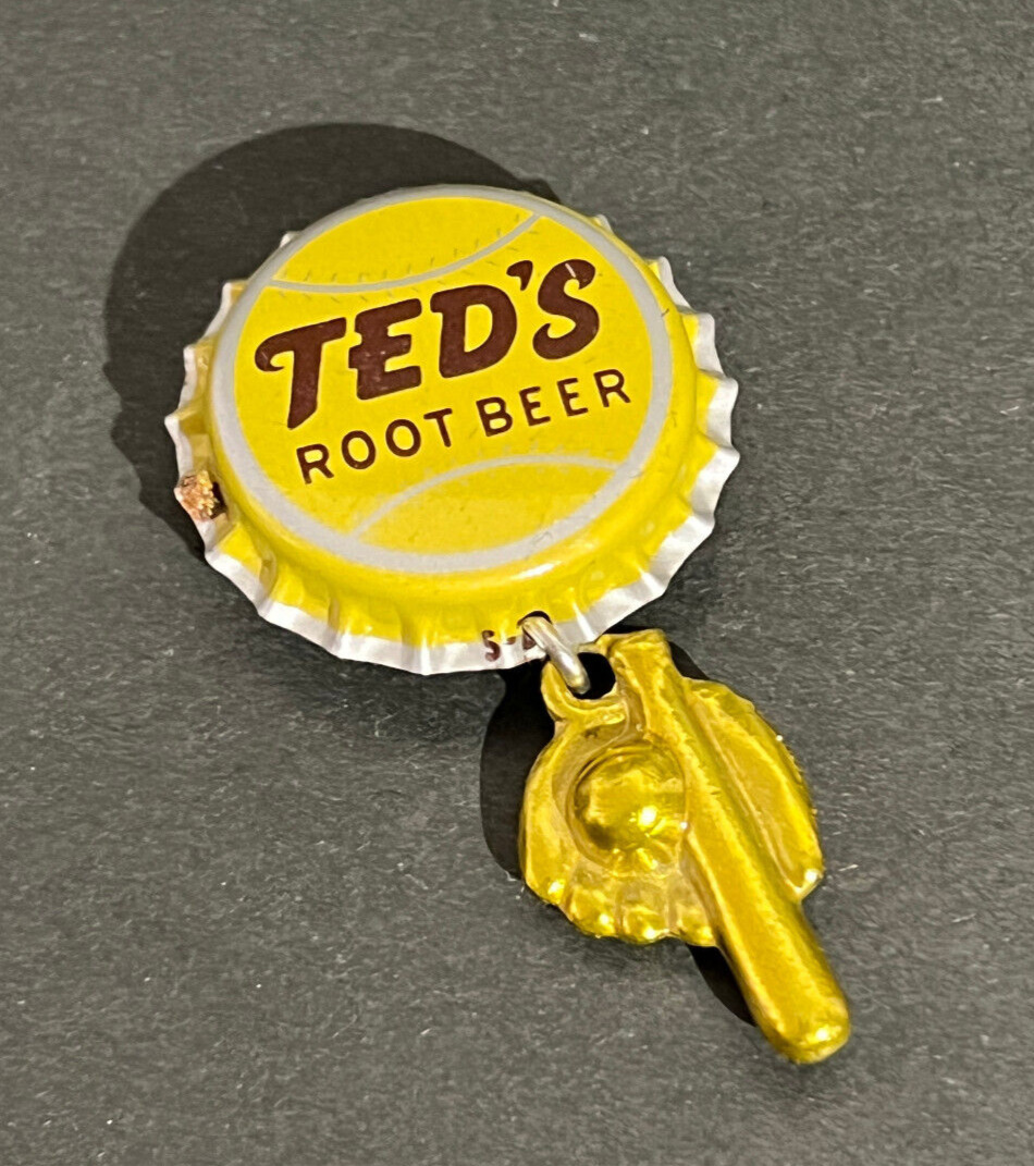 Ted Williams Ted\'s Root Beer BottleCap Pin w Glove n Ball Charm - unused, cool