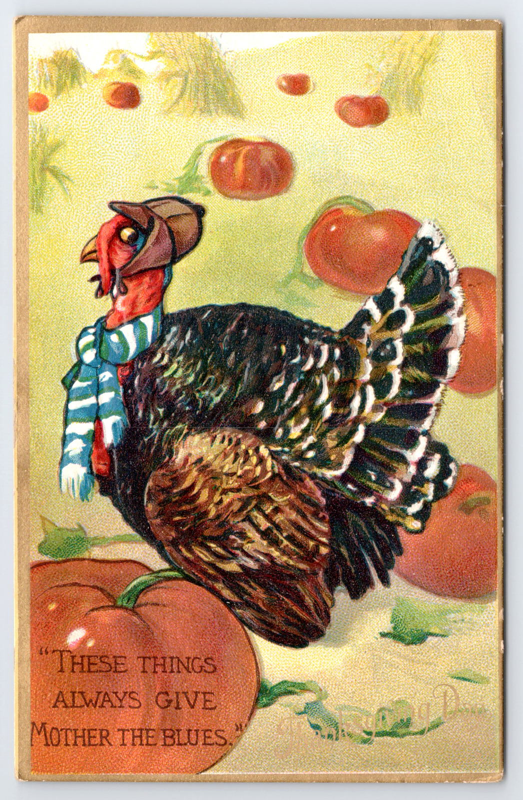 Raphael Tuck Thanksgiving Postcard Anthropomorphic Turkey Wearing Trapper Hat