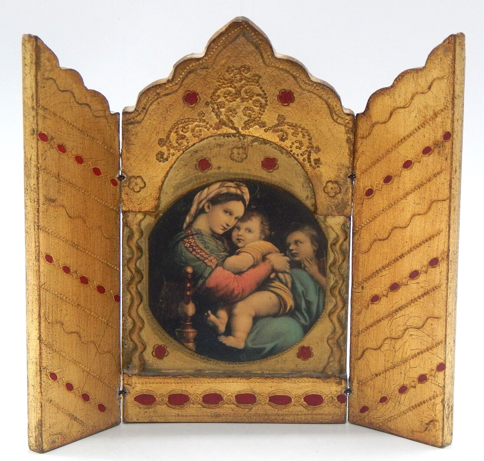 Vintage Triptych Florentine Madonna of the Chair By Raphael Print Firenze Italy