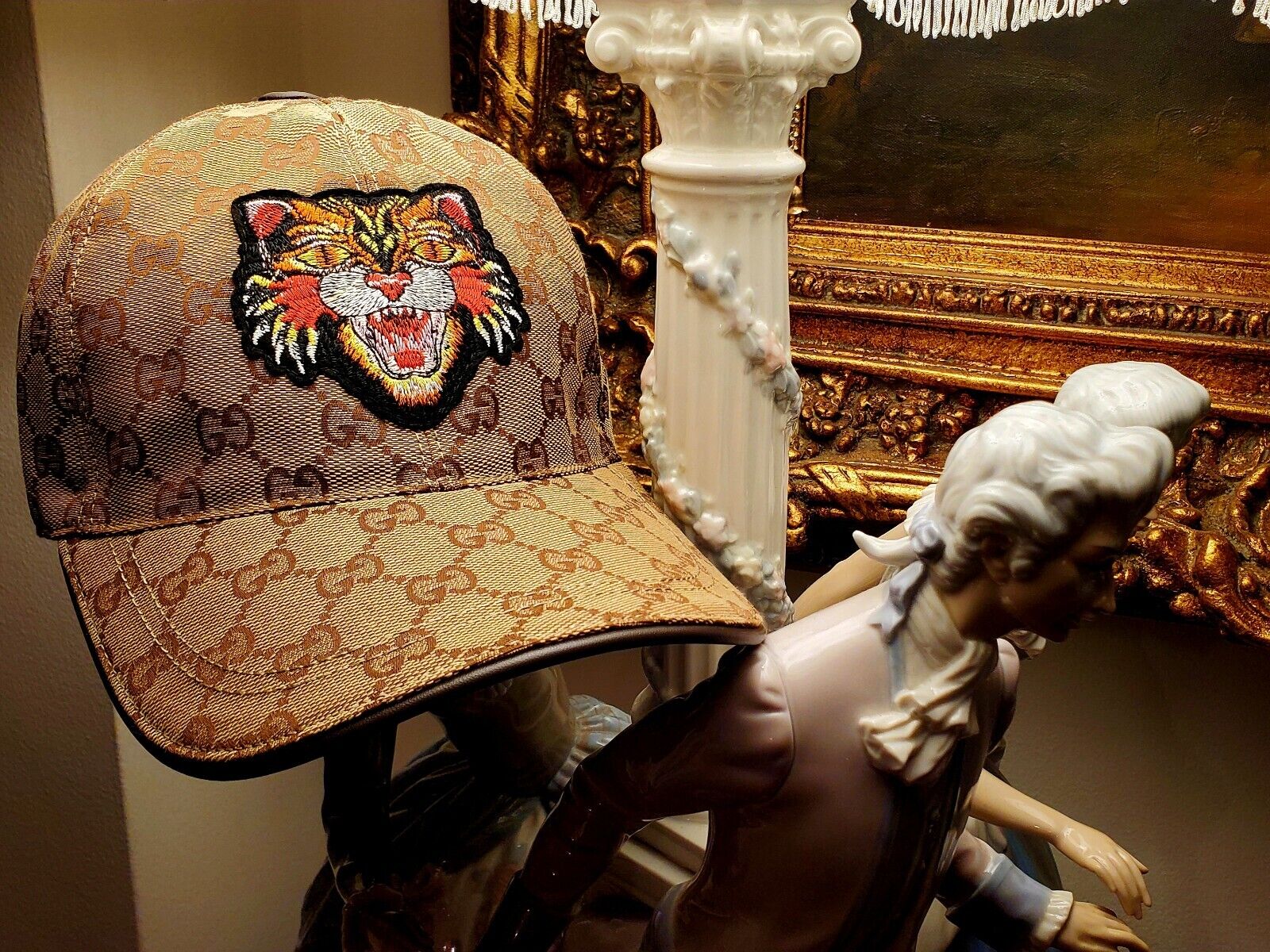 GUCCI Monogram Canvas Baseball Cap Baseball Hat Embroidery Tiger Animal`