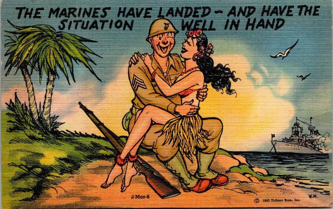 VTG Cartoon The Marines Have Landed and Have the Situation...Posted 1944 Linen