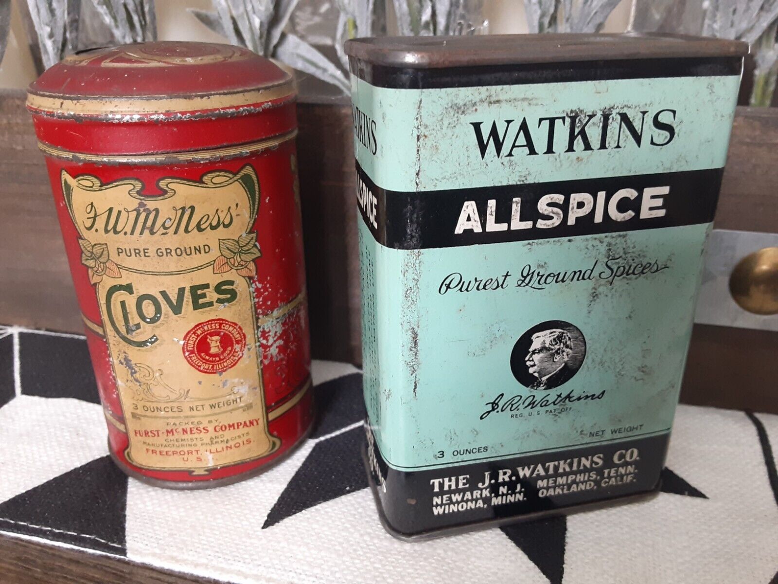 Vintage FW McNess Cloves and Watkins Allspice Spice Tins