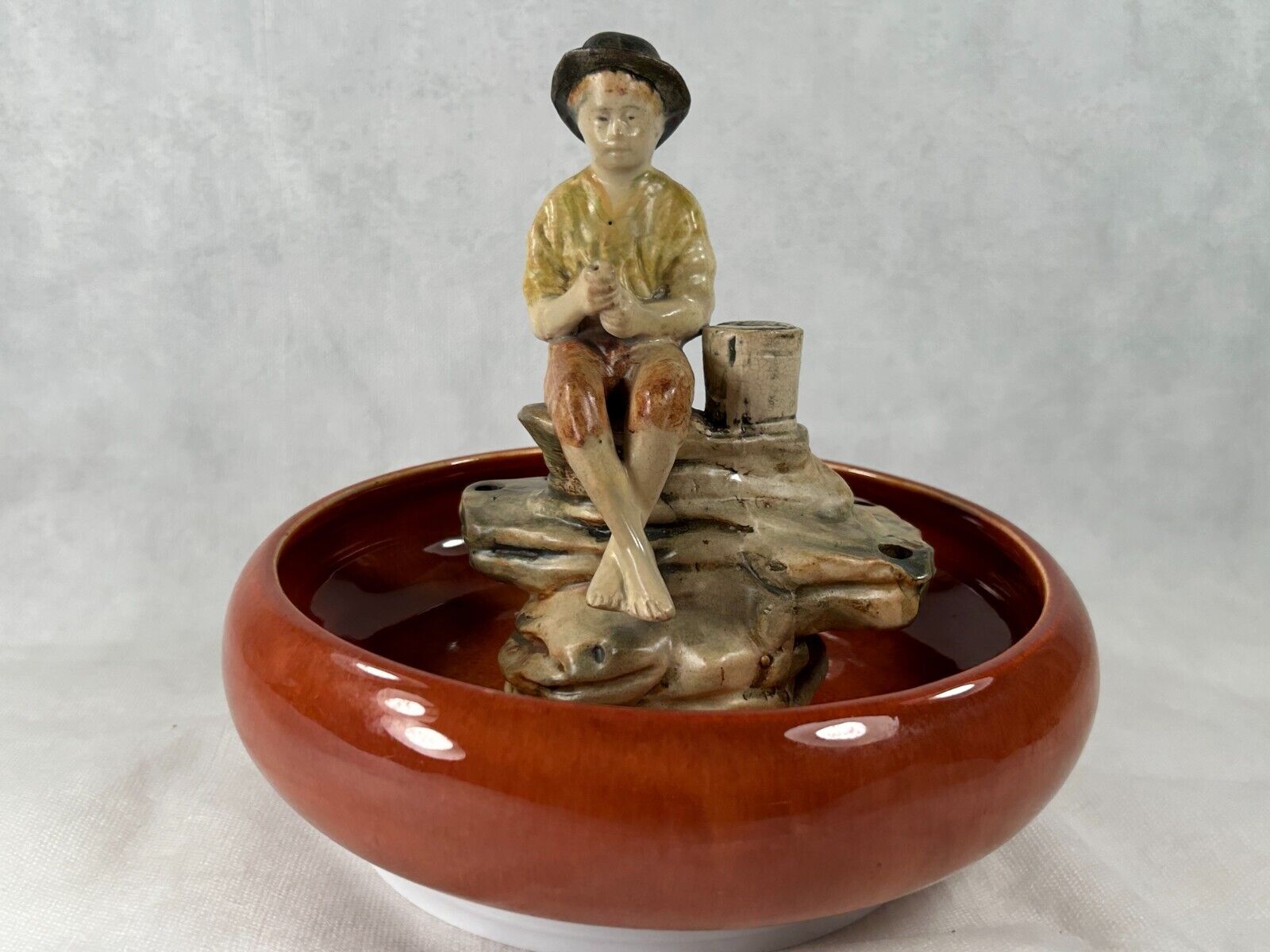 RARE Weller Muskota Bowl AND Fishing Boy Flower Frog Figurine SET 1920 Gorgeous