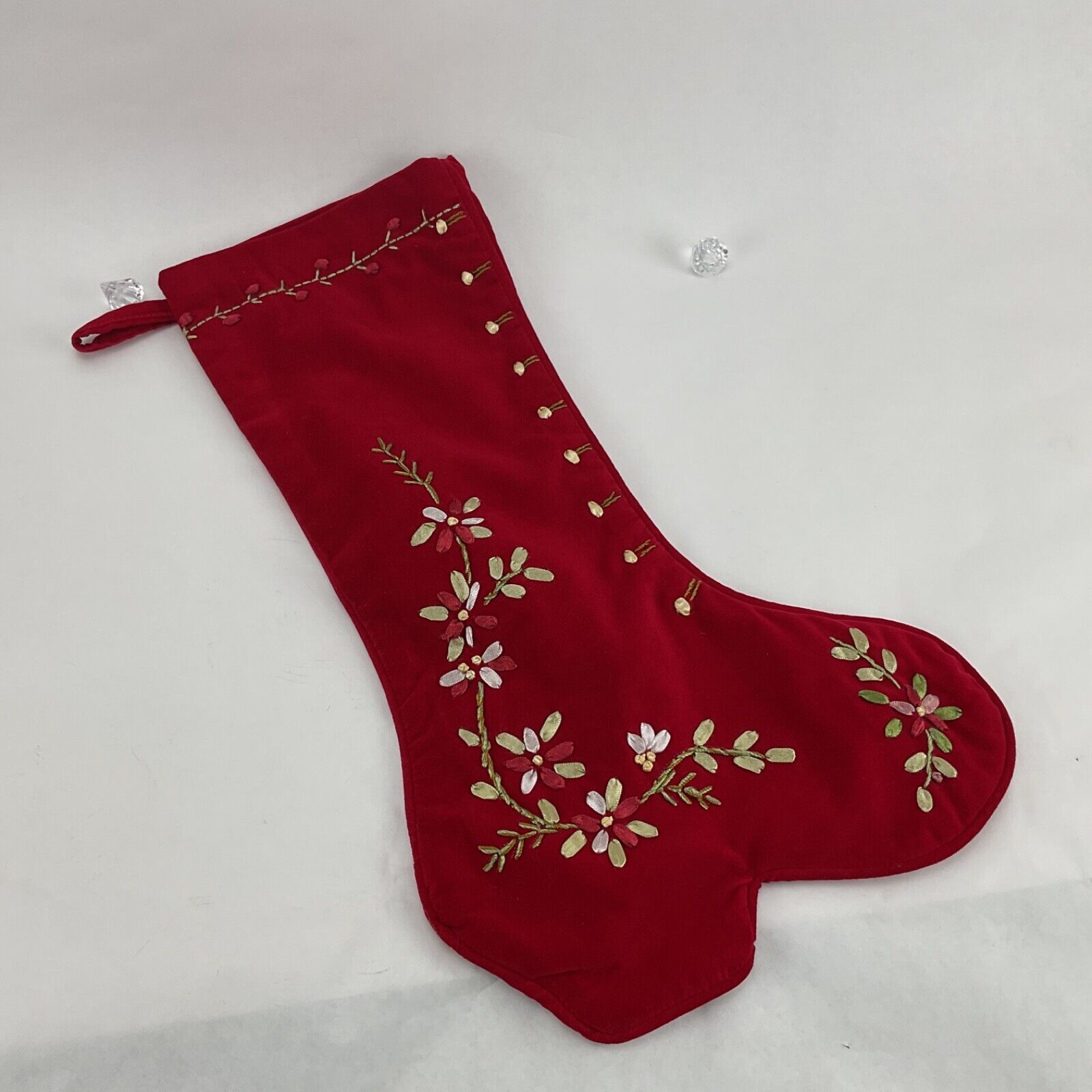 April Cornell ribbon embroidered red velvet Victorian Boot Christmas Stocking