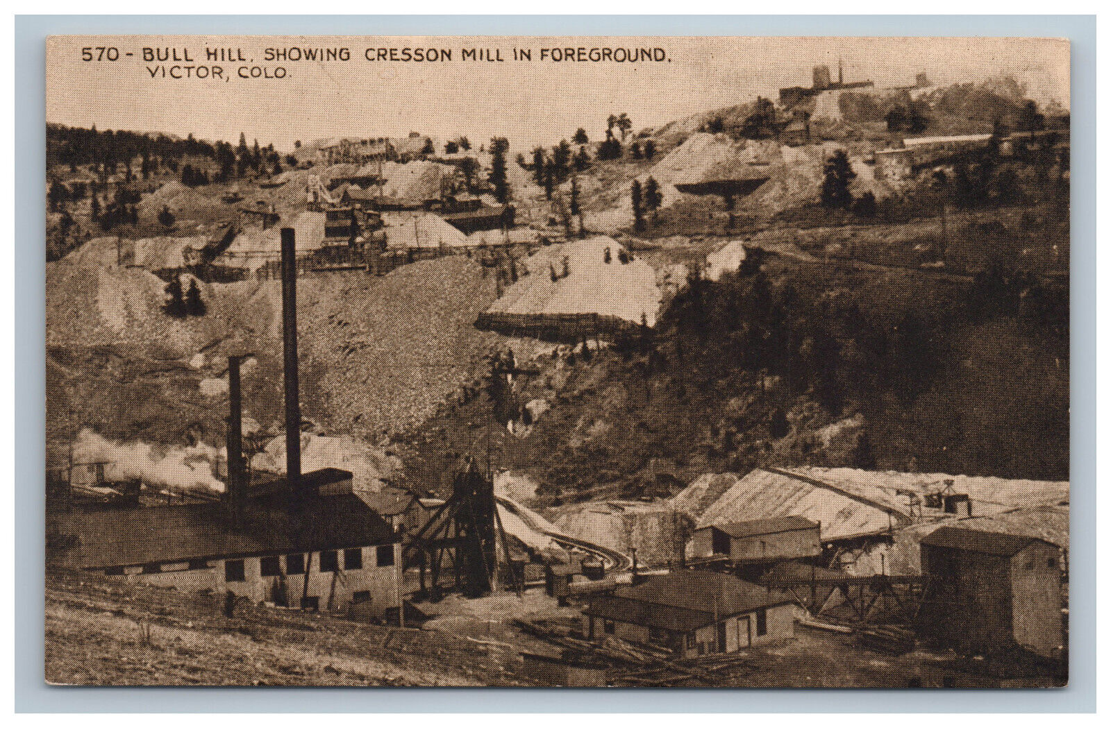 Victor Colorado Bull Hill Cresson Mill Sepia Tone Postcard Gold Mining