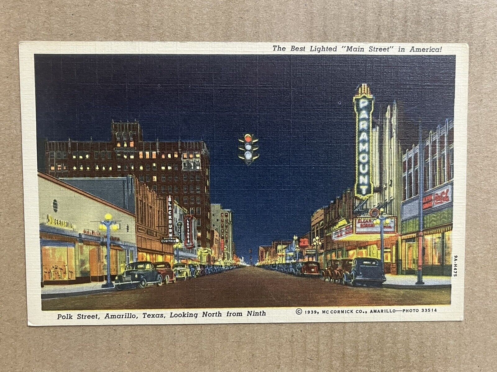 Postcard Amarillo TX Texas Polk Street Night Lights Paramount Theatre Old Cars