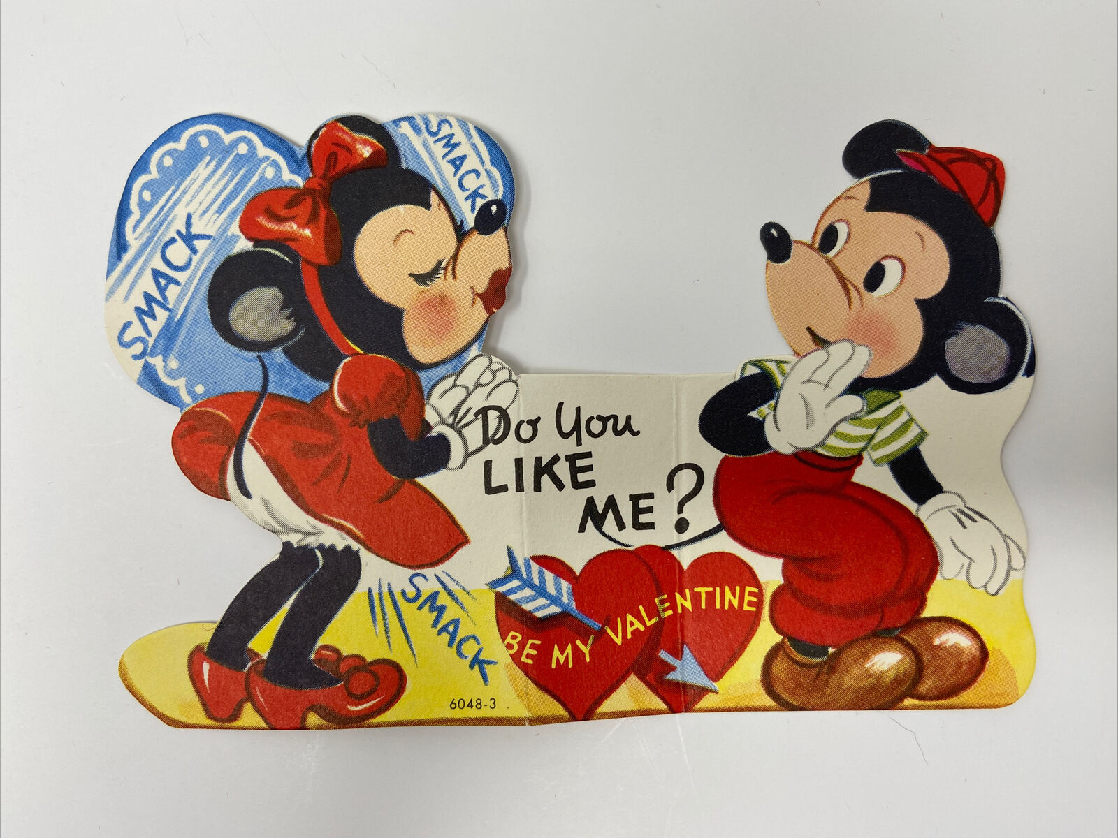 Vintage Early Style Mickey Minnie Mouse Die Cut Valentine Card Kiss Smack
