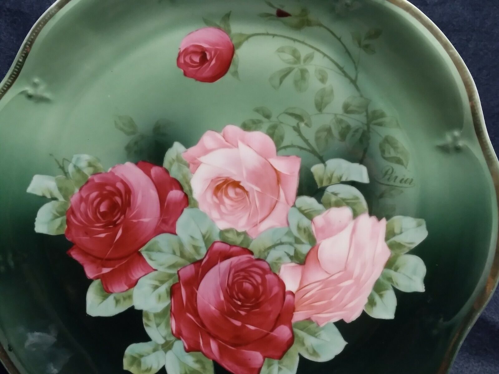 Z.S. & CO. ZEH, SCHERZER Bavaria Pink Roses Display Plate Perier 1880-1918 RARE