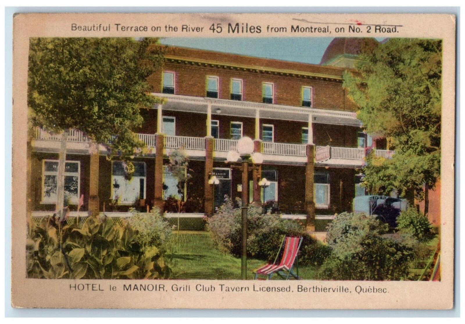 1946 Hotel Le Manoir Grill Club Tavern Licensed Berthierville Canada Postcard