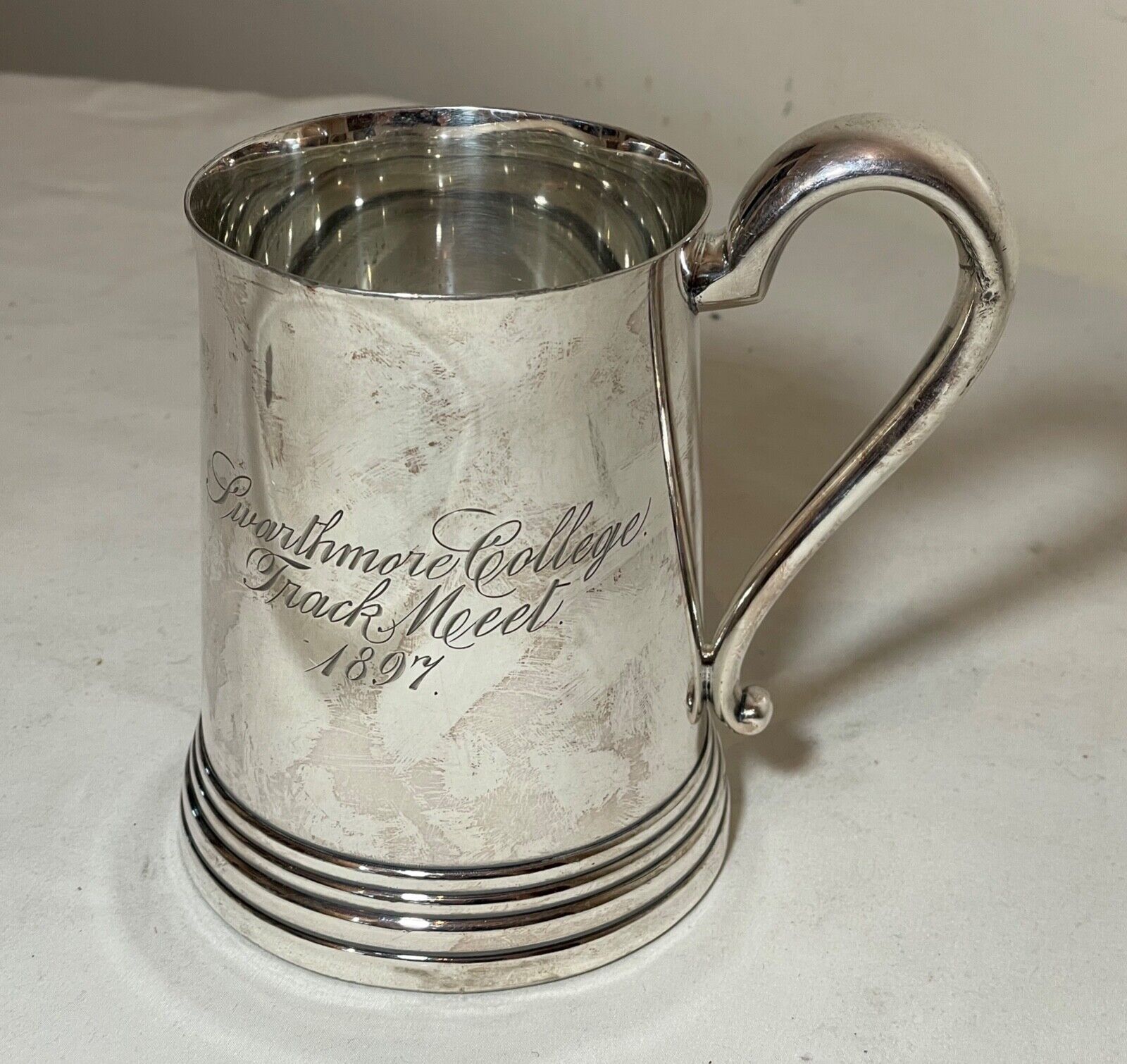 ANTIQUE 1897 Swarthmore college silver-plate track broad jump award trophy mug