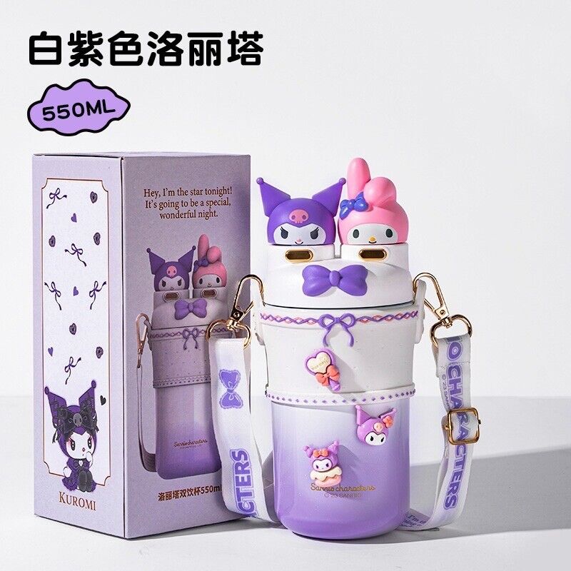Sanrio Kuromi & My Melody Thermos Insulated Bottle 550ml W Adjustable Strap NEW