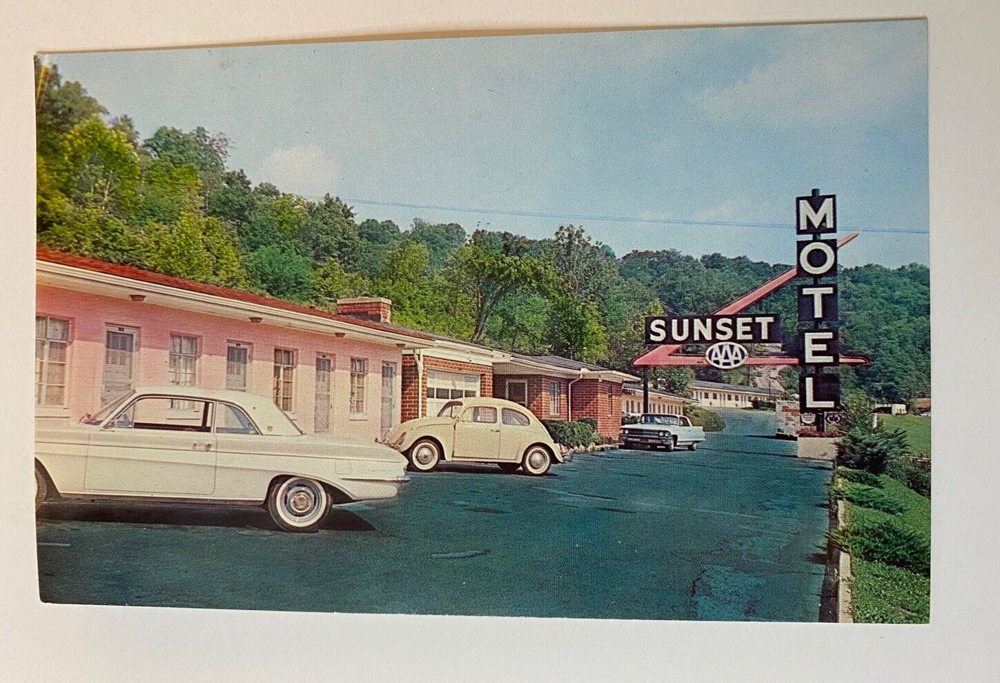 Sunset Motel Athens Ohio Vintage Postcard VW Bug, cars