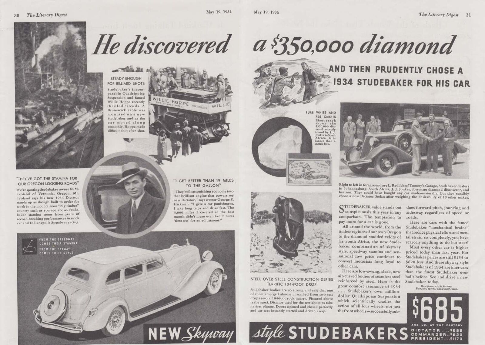 He discovered a $350,000 diamond & chose a Studebaker ad 1934