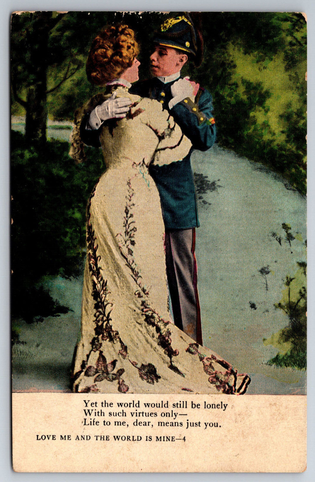 Vintage Postcard Romance Military Man Soldier Woman Fancy Dress Poem Dance-12702