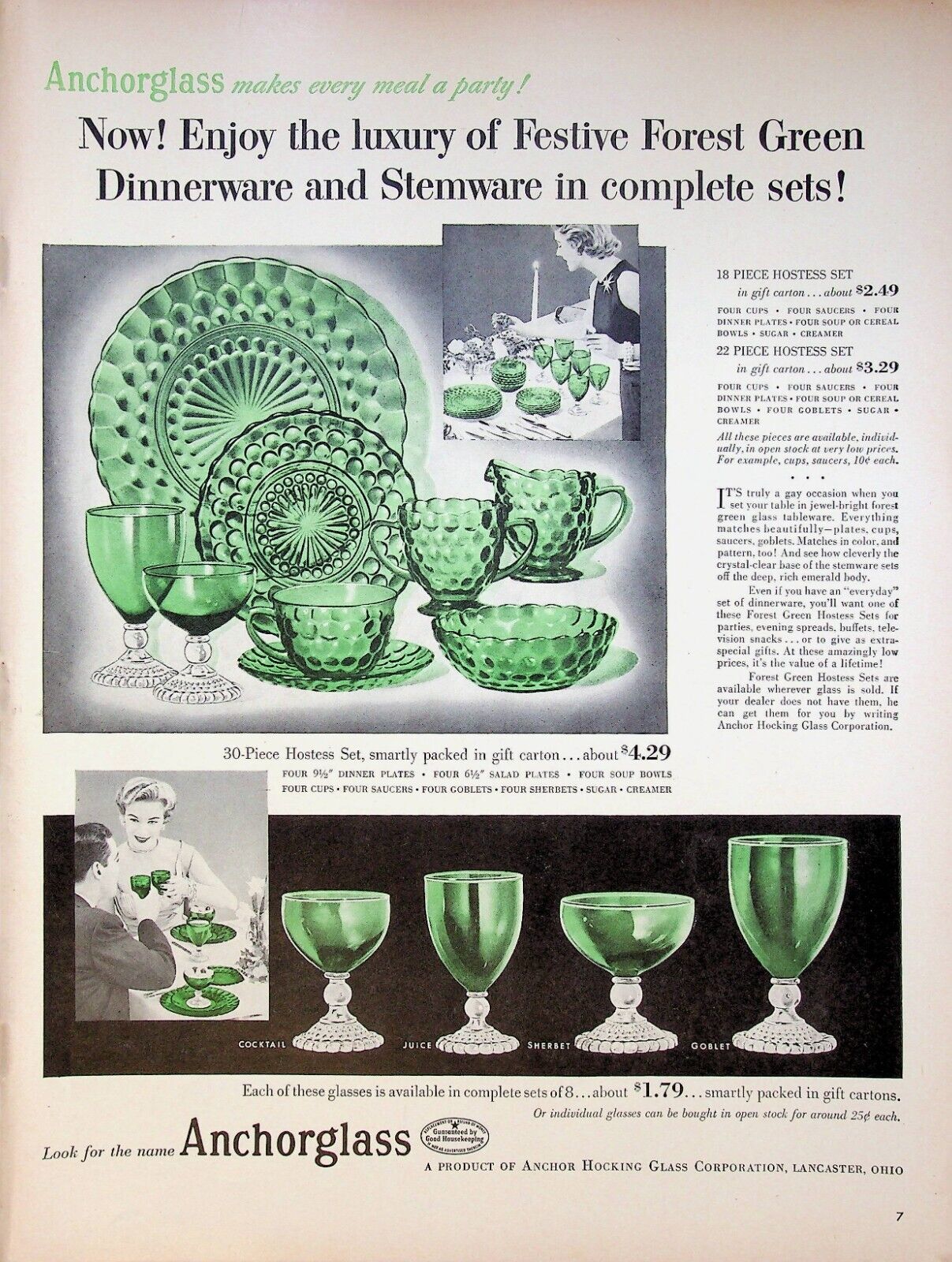 1954 Anchorglass Dinnerware Stemware Forest Green Glasses Vintage 1950s Print Ad